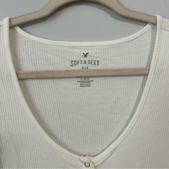 American Eagle White Short Sleeve Button Down Shirt Tie Front Women’s Size Large - Picture 2 of 5